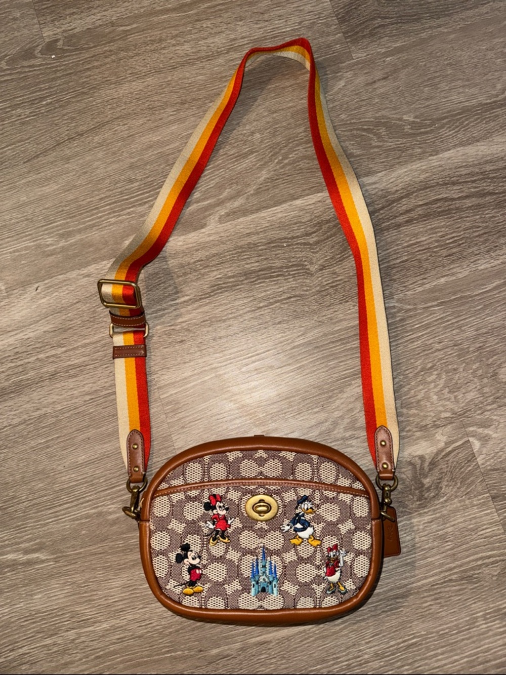 Coach Brown Signature Crossbody with Multicolor Stripe Strap